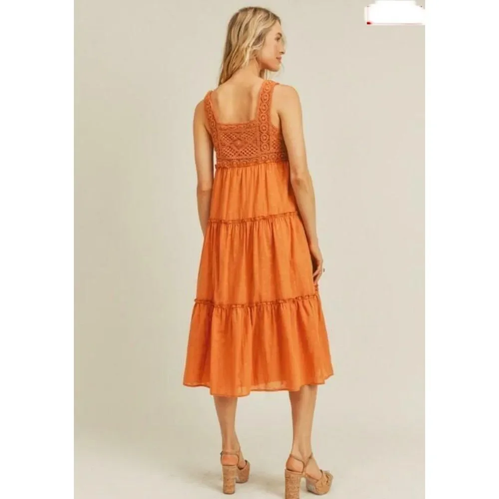 Lush Crochet Dress Women Sz S 4/6 Tiered Midi Ruffle‎ Trim Flowy Feminine Orange